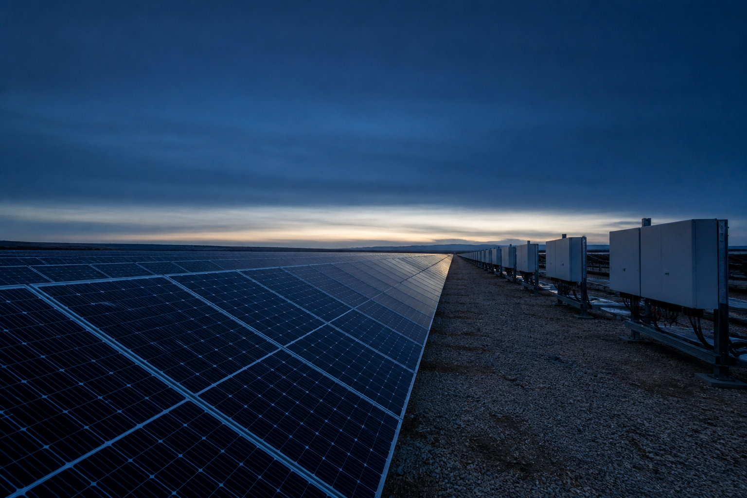 Usina solar fotovoltaica em solo no fim da tarde