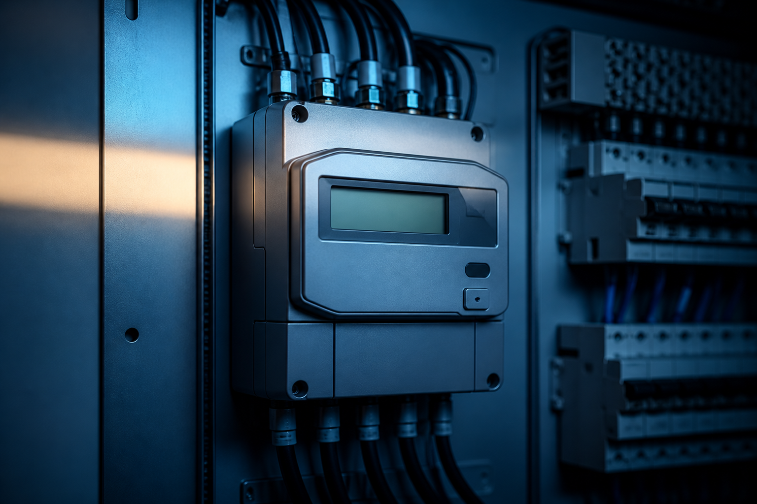 Medidor de energia industrial trifásico instalado em painel de aço