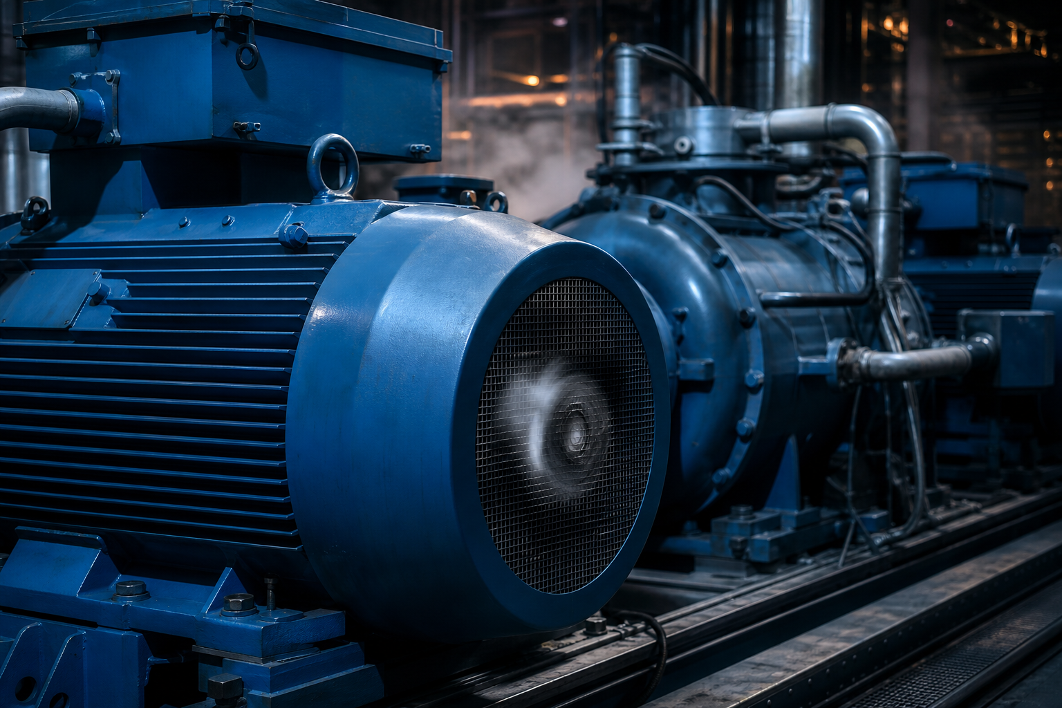 Motores elétricos industriais de grande porte alinhados